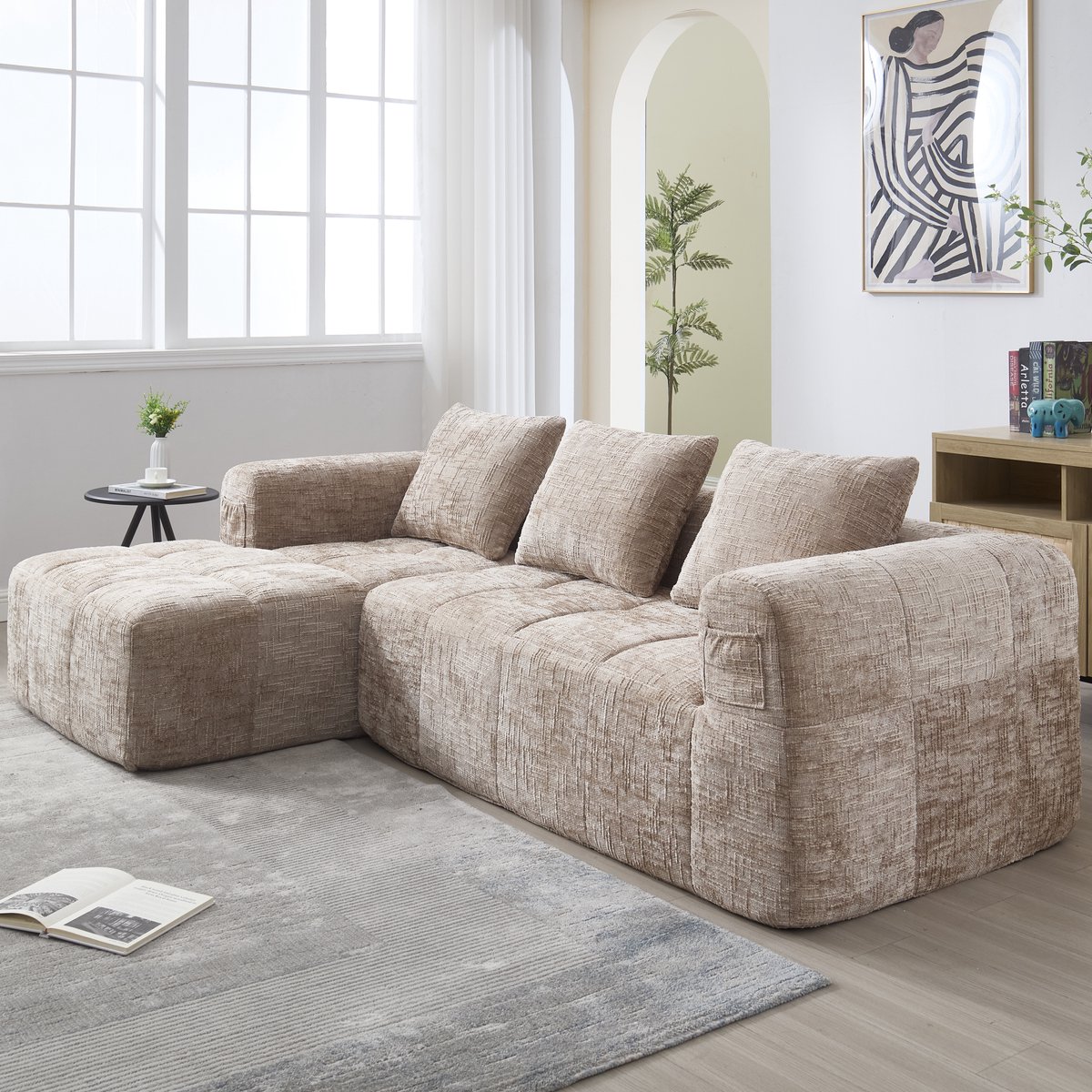 DESMIU Hoekbank 250 x 158 x 60 cm - 3-Zits Met Chaise Longue En Zijvakken - Voor Woonkamer En Slaapkamer - Chenille Khaki