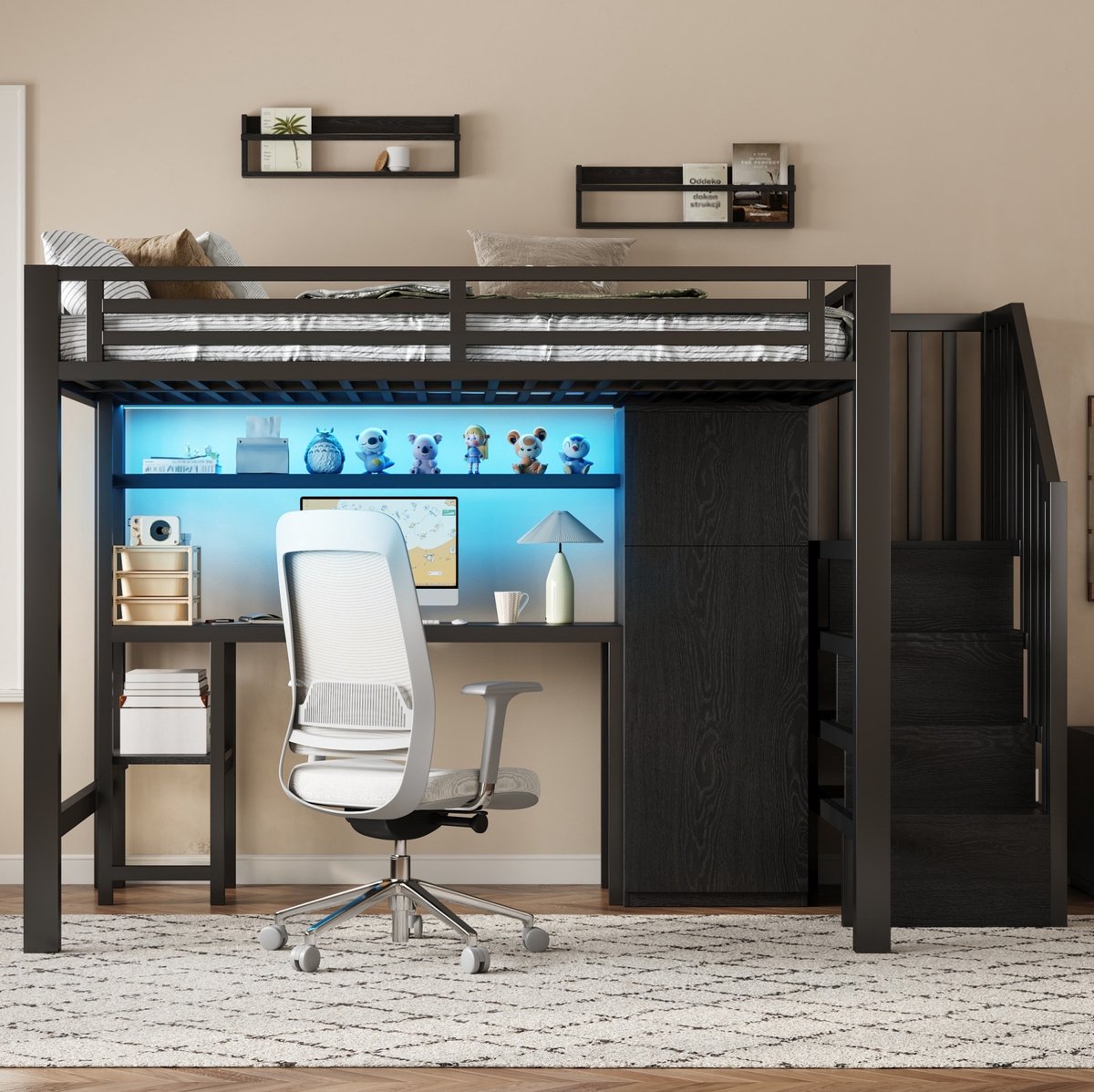 MEUNIQ Hoogslaper 140x200 cm met bureau, kledingkast, plank, opbergtreden en LED, metalen bedframe met lattenbodem voor slaapkamer of studeerkamer, zwart