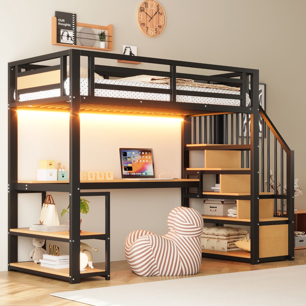 MEUNIQ hoogslaper 90x200 cm met bureau, opbergladder, planken, LED-verlichting en uitvalbeveiliging, metalen bedframe voor slaapkamer of kinderkamer, zwart