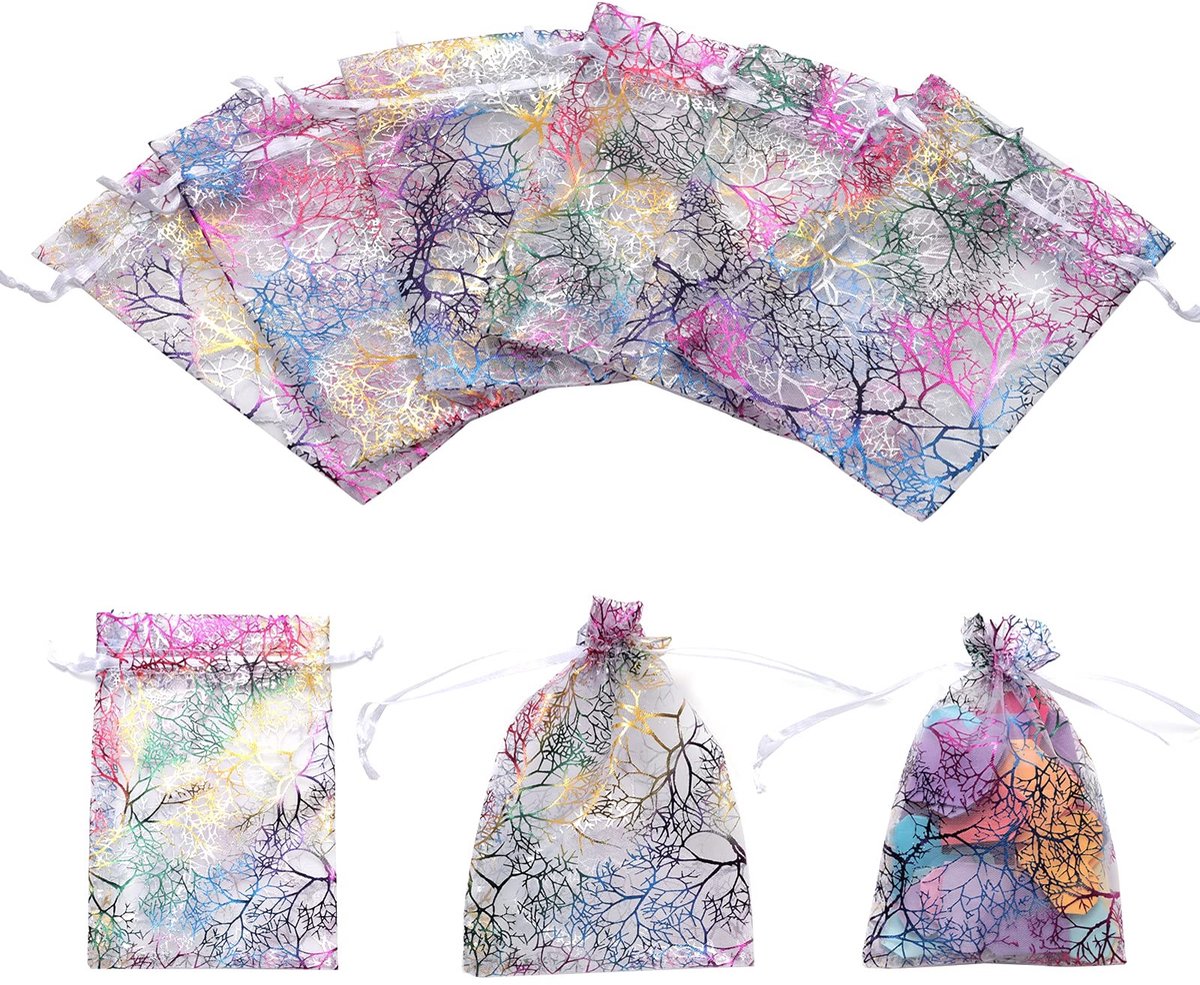 Dailygoods- Organza zakjes 100 stuks - Koraalmotief - Transparant - Trekkoord - Sieradenzakjes - Geschenken voor bruiloft/festival - Duurzaam en herbruikbaar - Snoepzakjes