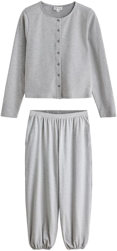 Grijze pyjamaset met jersey cardigan en ballonpijpen.