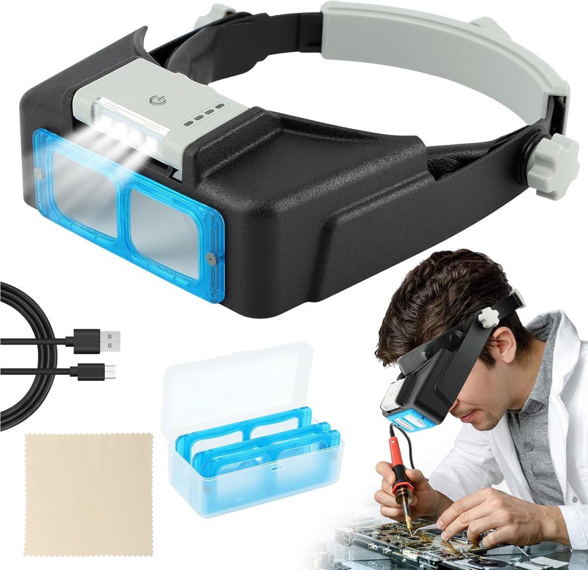 Vergrootglazen Met Licht - Hoofdbandvergrootglas Met 4 Lenzen - Handsfree Vergrootglasvizier Voor Juweliers/Ambachtslieden/Hobbyisten