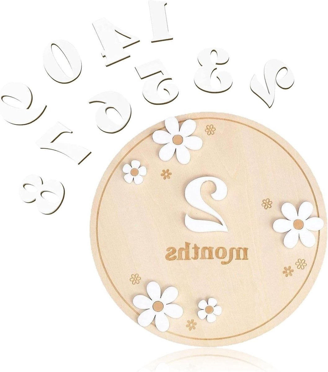 Set van 12 houten mijlpaalkaarten voor baby's groei, maandkaarten 0-12 maanden, fotorekwisieten voor babyfoto's en babyshower cadeau, 15 cm met bloemendesign