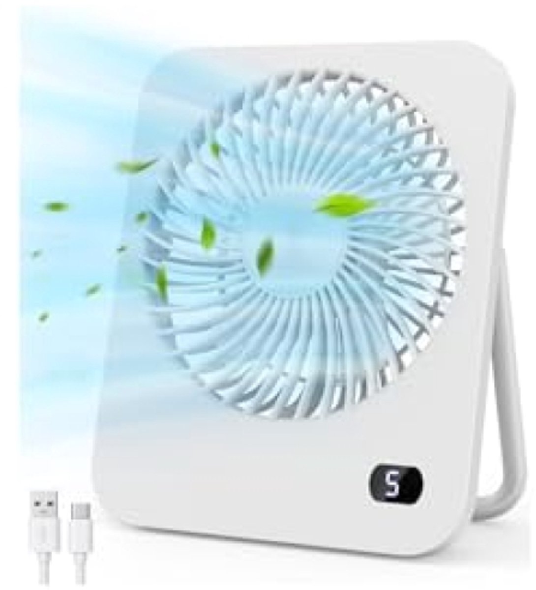 ModernStore USB Ventilator, Mini Draagbare Tafelventilator met 5 Snelheden, USB-C Voeding, 180° Draaibaar, Stille Ventilator voor Kantoor en Slaapkamer