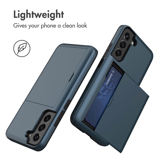 Donkerblauwe telefoonhoes met uitklapbare pasjeshouder en een schone look. Lichtgewicht.