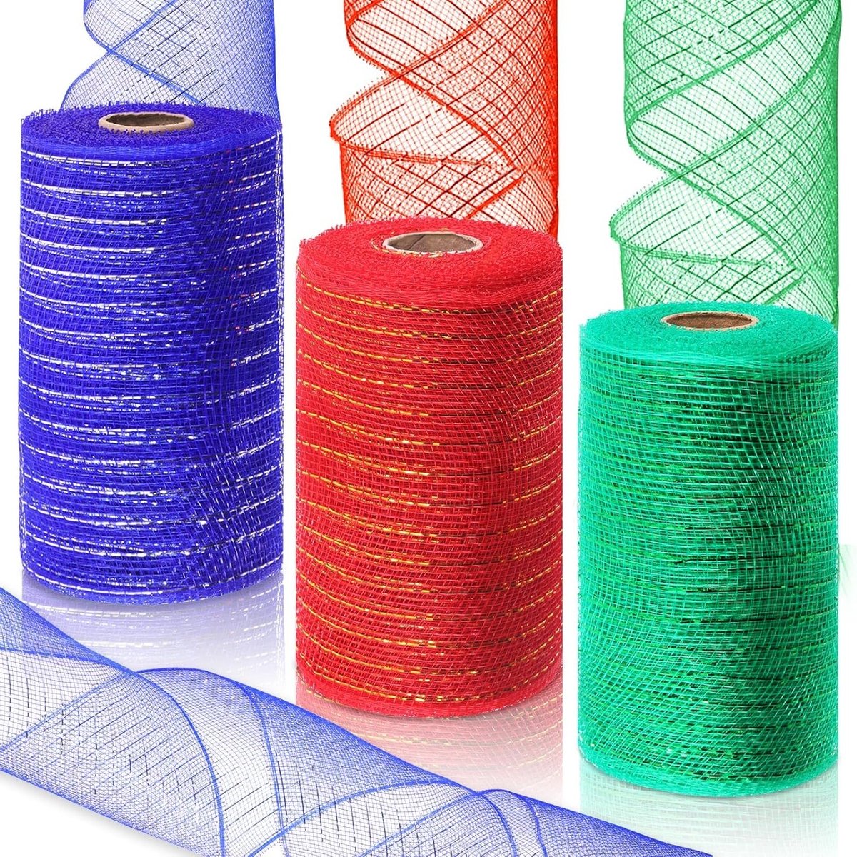 Deco Mesh Ribbons in Rood, Blauw en Groen - 3 Rollen van 15cm x 10m voor Kerstdecoratie, Wreaths en DIY Projecten