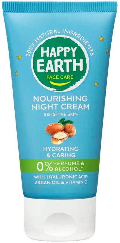 Happy Earth voedende nachtcrème: blauwe tube met arganolie, hyaluronzuur, 0% parfum & alcohol.