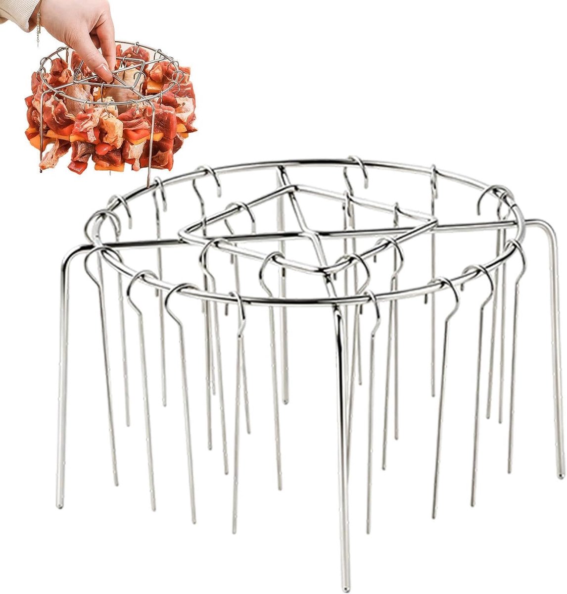 Heteluchtfriteuse Grillrek BBQ Kebab Spiesjes Gelijkmatige Bereiding Verticale Ronde 360° 24 Spiesjes Zilver