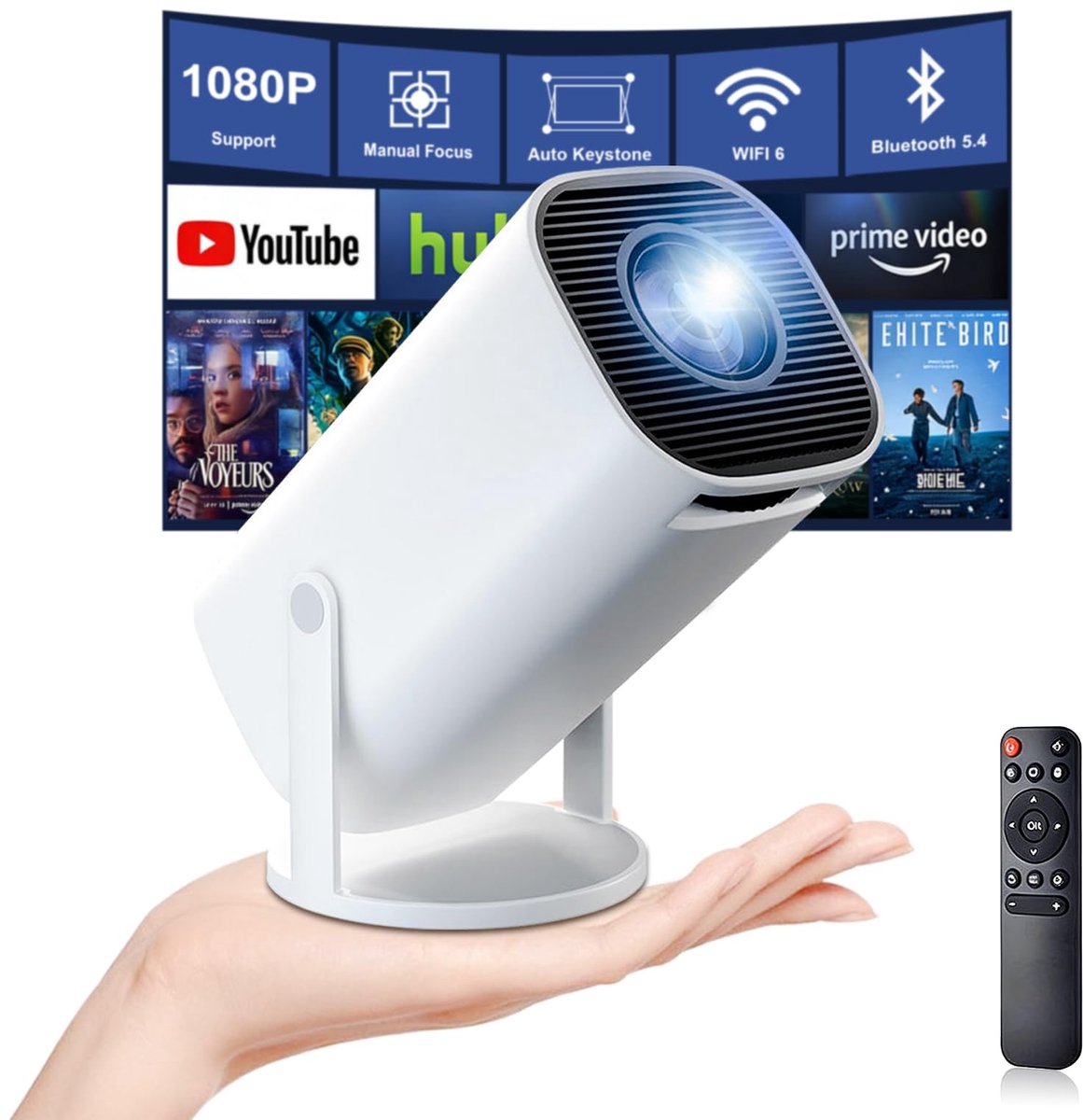 SnelShoppen - Mini-beamer 4K Full HD 1080p Draagbare Projector met WiFi 6, Bluetooth 5.4, Autokeystone, Handmatige Scherpstelling, 180° Draaibaar - Id