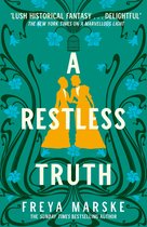 Boekomslag met de titel 'A RESTLESS TRUTH' in grote letters. Twee silhouetten van vrouwen in gele kleding staan centraal, omringd door art-nouveau-achtige decoraties.