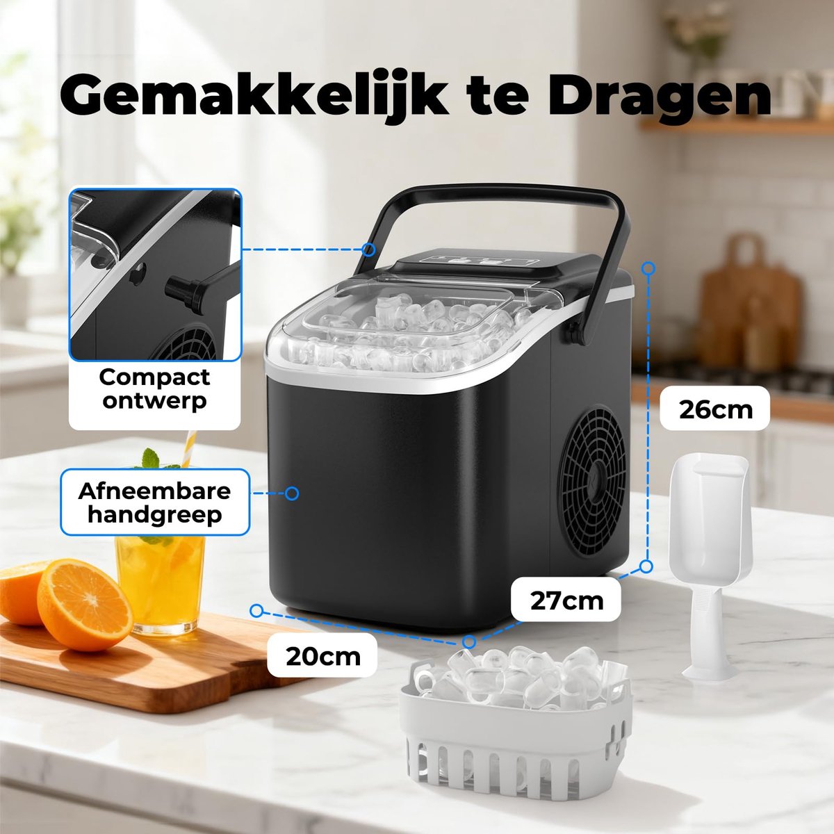 SnelShoppen - Draagbare ijsmachine voor het huishouden, 12 kg/24 uur, zelfreinigend, 1,2 l tank, 6-8 min voor 8 ijsblokjes, 2 ijsmaten (S/L), zwart, i