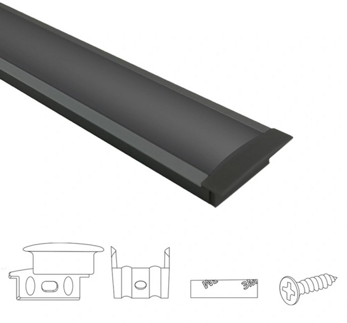 Aluminium led strip profiel zwart inbouw 1M - breed en laag - compleet met afdekkap - Led profiel zwart