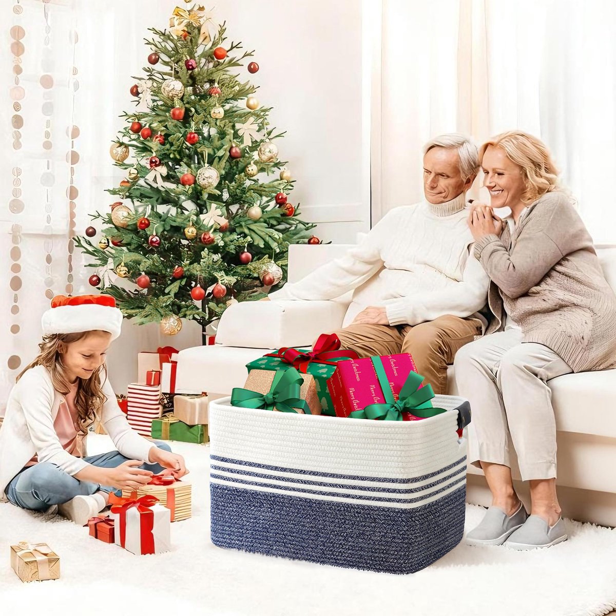 SnelShoppen - Kleine geweven wasmand katoenkoord 45L, opbergmand met leren handvatten voor dekens, kleding, speelgoed, wasmand kinderkamer of woonkame