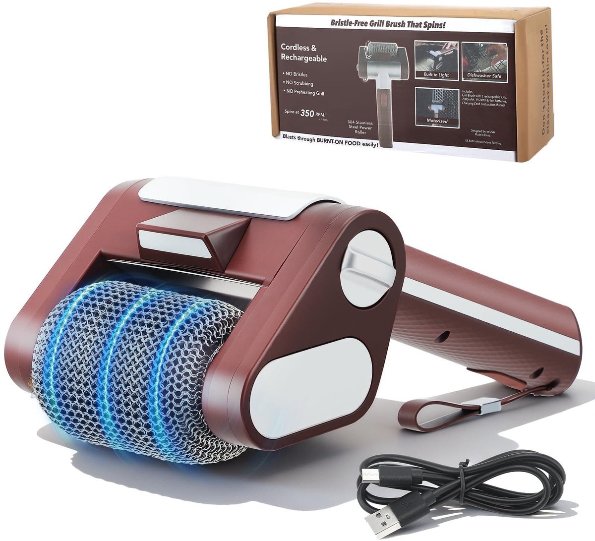 SnelShoppen - Elektrische BBQ-reiniger - Draadloos oplaadbare powerborstel voor BBQ-reiniging - LED verlichting - 304 roestvrij staal - Geschikt voor