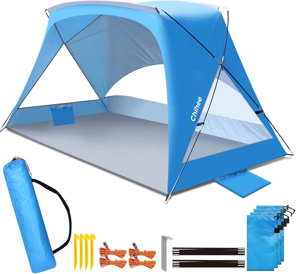 SnelShoppen - Chihee Strandtent voor 1-2 Personen, Draagbare Campingzonwering met UV-Bescherming, Lichtgewicht Zilverkleurige Luifel met Ingebouwde Za