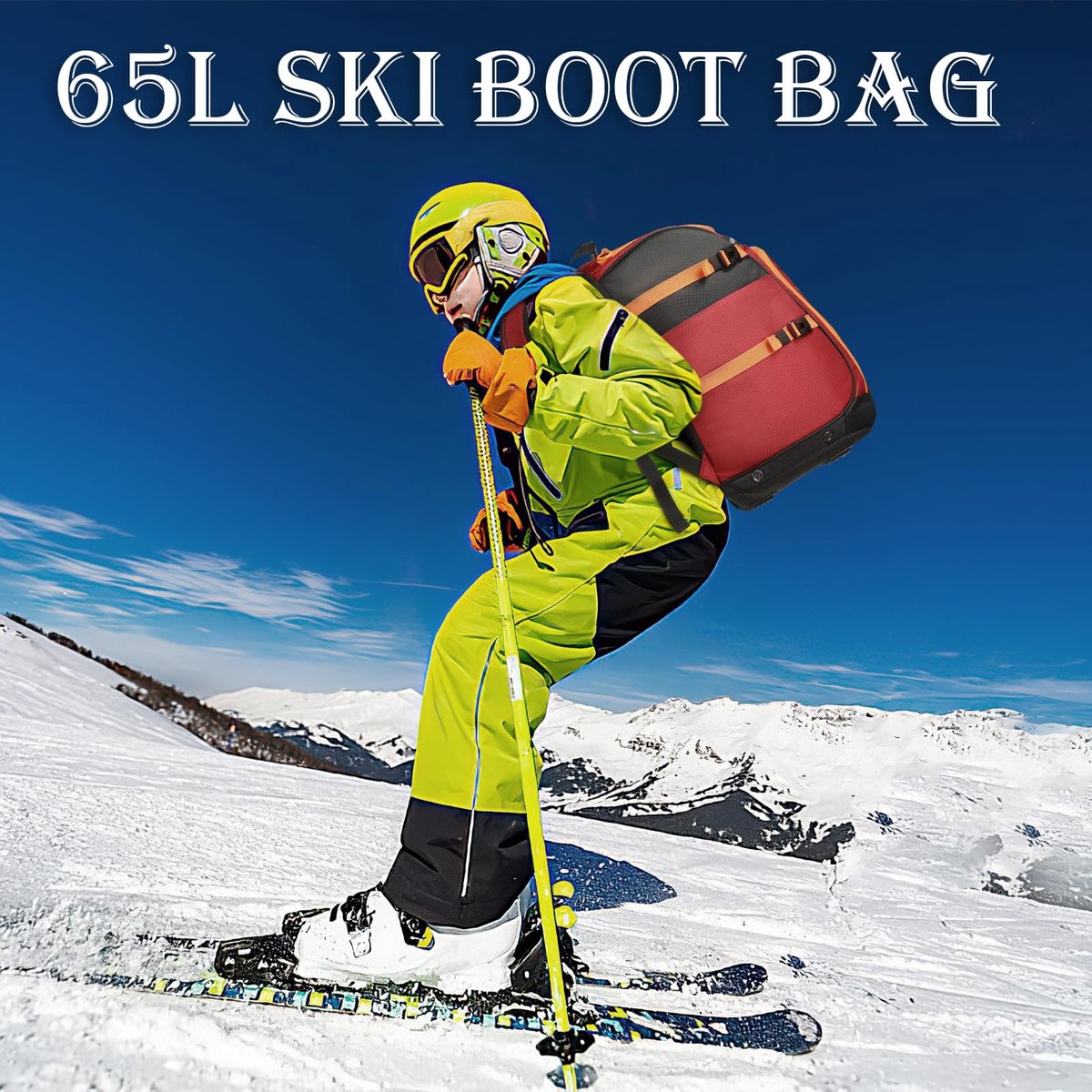 SnelShoppen - Skischoentas met Helmvak - 65L Nylon Skirugzak - Rood - Ideaal voor Skilaarzen, Schaatsen en Inline Skates
