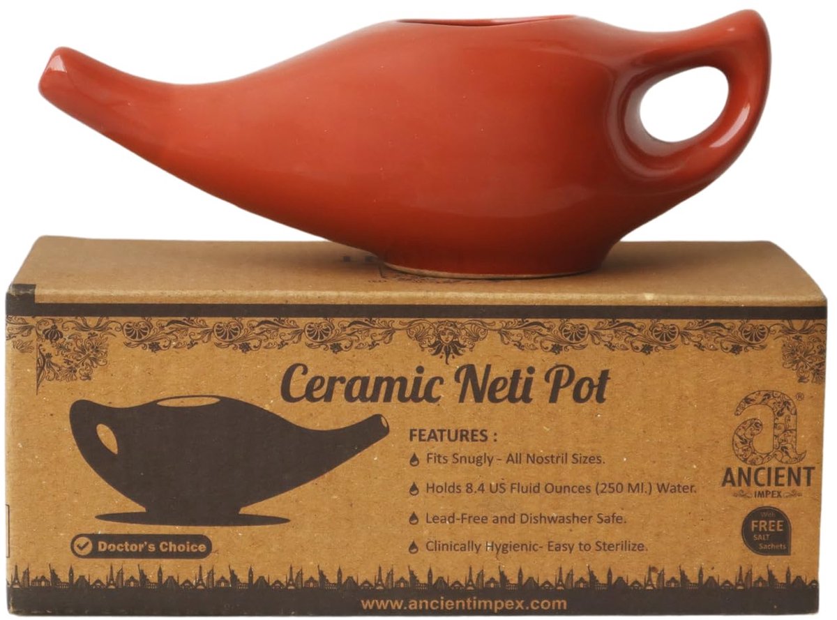 SnelShoppen - Keramische Neti Pot 250 ml Bruin met 5 Neti Zoutzakjes - Neusspoelpot voor Sinusspoelen, Congestie, Allergie en Natuurlijke Neusreinigin