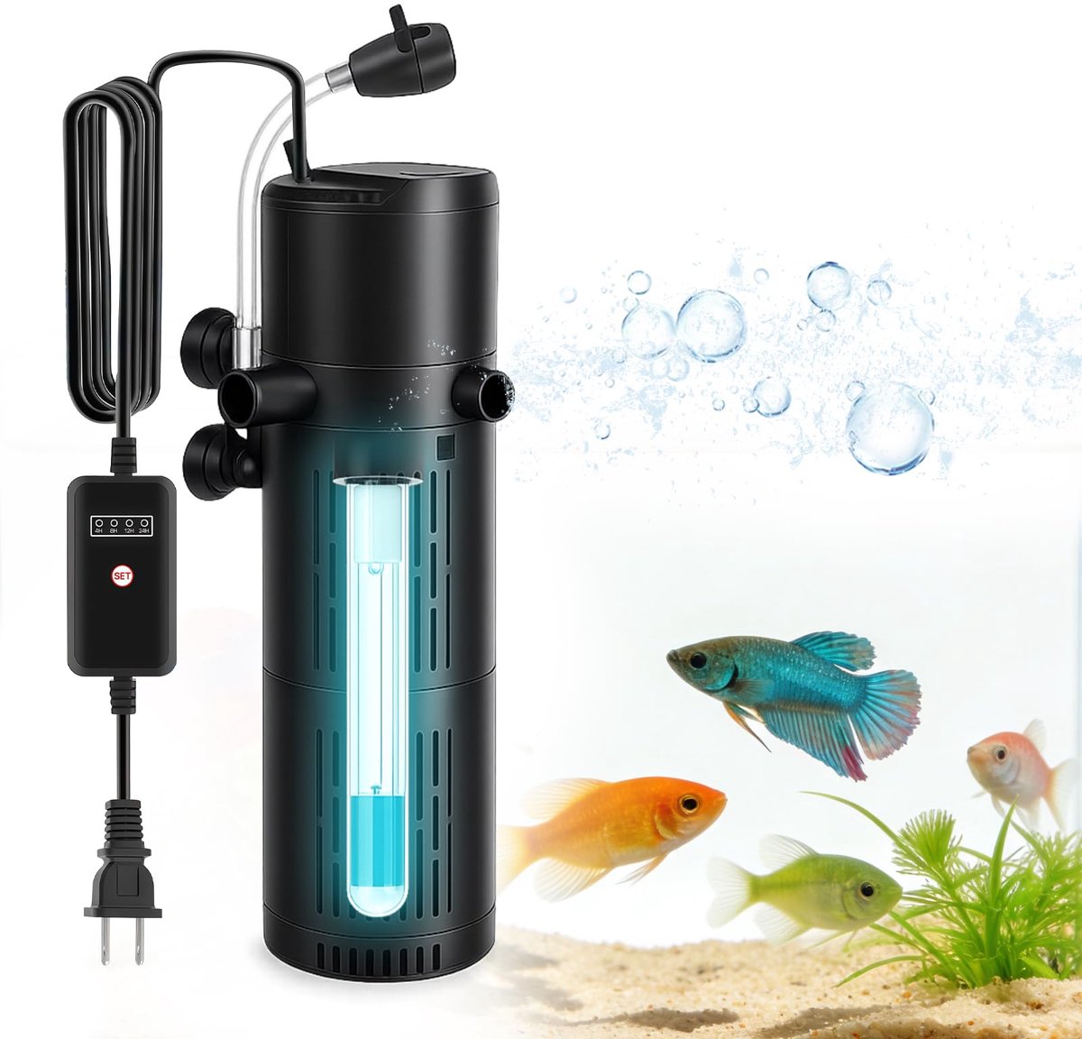 SnelShoppen - Aquariumfilter 4-in-1 met 6W UV-sterilisator, 800 l/u, Stil Waterpomp en Ventilatie voor Aquariums van 50-60 cm, Ideaal voor Gezonde Wat