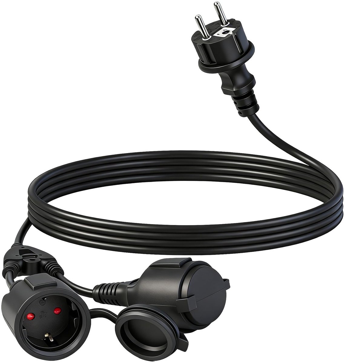 SnelShoppen - Verlengkabel met Schuko Stopcontacten 2 m, 16 A, 250 V, IP44 Waterdicht Meervoudig Stopcontact voor Buiten, Tuin, Kantoor, Thuis, Dubbel