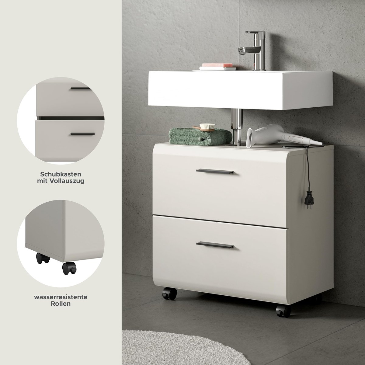 SnelShoppen - Wastafelonderkast Ice op wielen 60x58x30 cm - Mobiele badkamerkast met sifonuitsparing - Kasjmier melamine en mat - Flexibel en praktisc