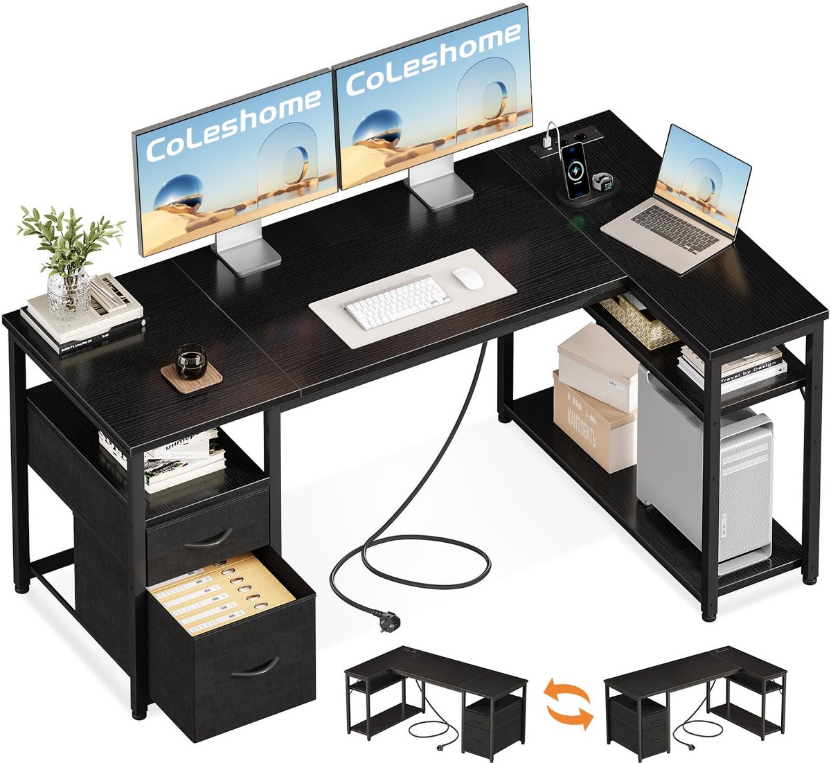 SnelShoppen - L-vormig Hoekbureau met Laden, Omkeerbare Plank, Stopcontacten en USB-poorten, 140x80cm Zwart voor Thuiswerken, Kantoor en Gamen