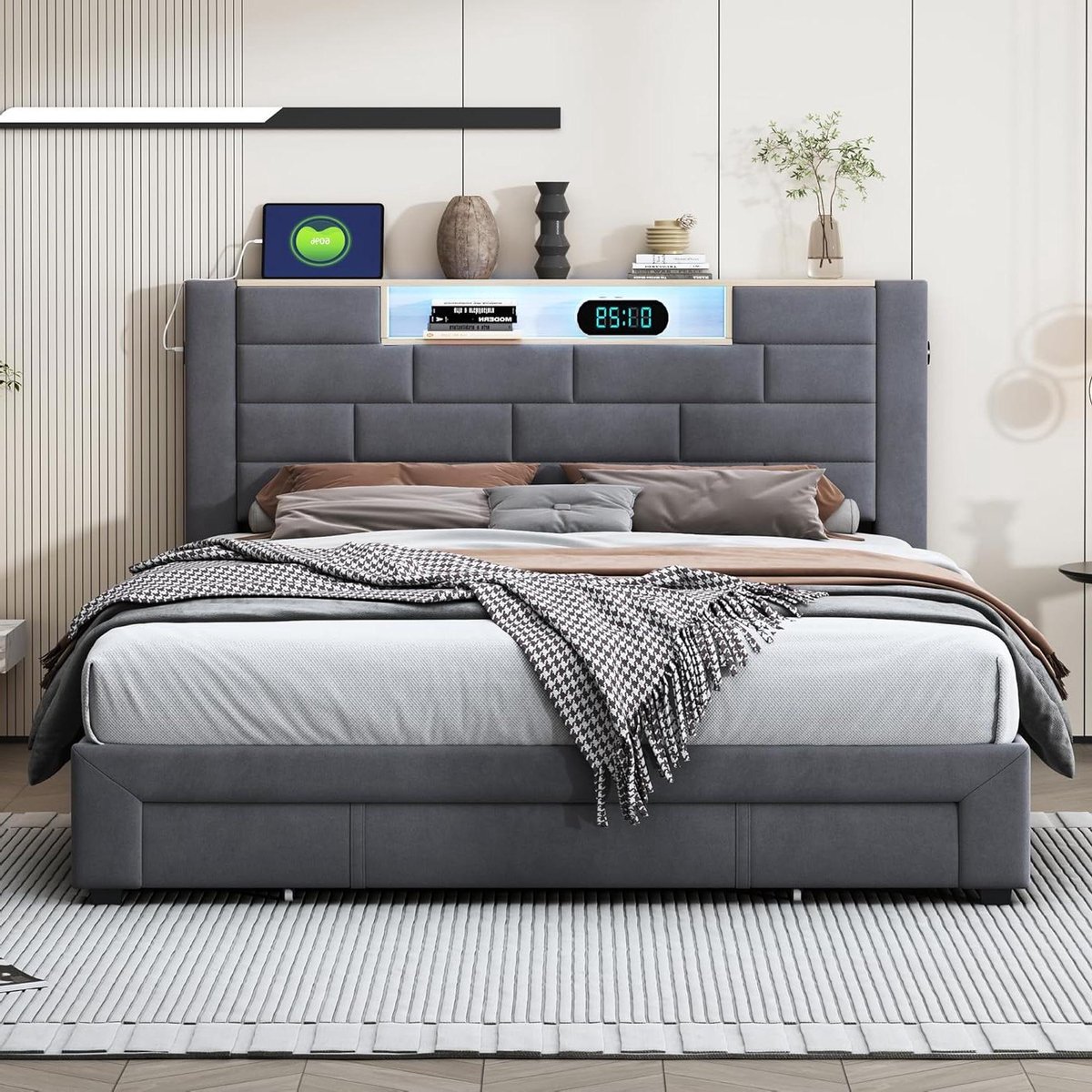 Tweepersoons Bedframe - Ladebed Boxspring - Opbergen Slaapkamer - Met LED en USB - 140x200 cm - Grijs