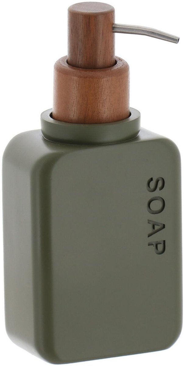 Tendance zeeppompje London - 300ml - groen - kunststof/acacia - H18 cm - zeepdispenser