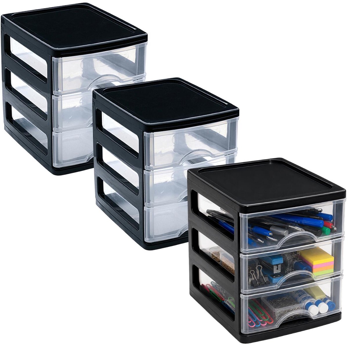Plasticforte Ladekastje bureau organizer - 3x - 3 lades - zwart/transparant - L13 x B17 x H17 cm - kunststof