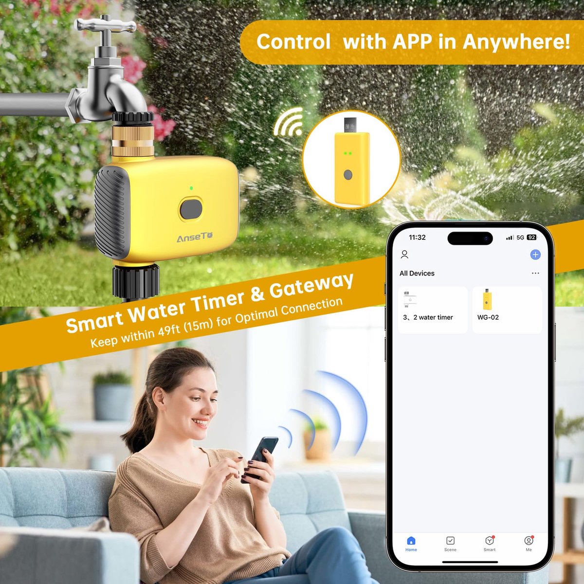 SnelShoppen - WiFi-watertimer voor tuin, slimme irrigatietimer met app-bediening, messing inlaat, 1 uitlaat, ideale slangtimer voor buiten, regenvertr