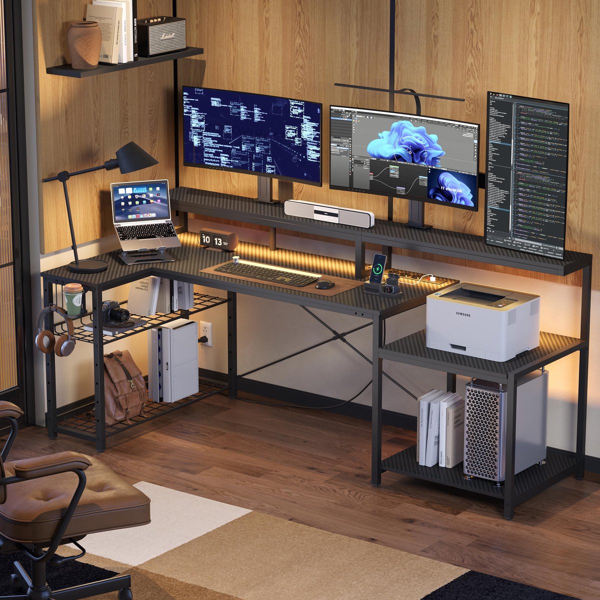 SnelShoppen - Bestier Gamingtafel 181 cm met LED-verlichting, Gaming Bureau met 3 AC-stopcontacten en 2 USB-oplaadaansluitingen, Royale PC-tafel met M