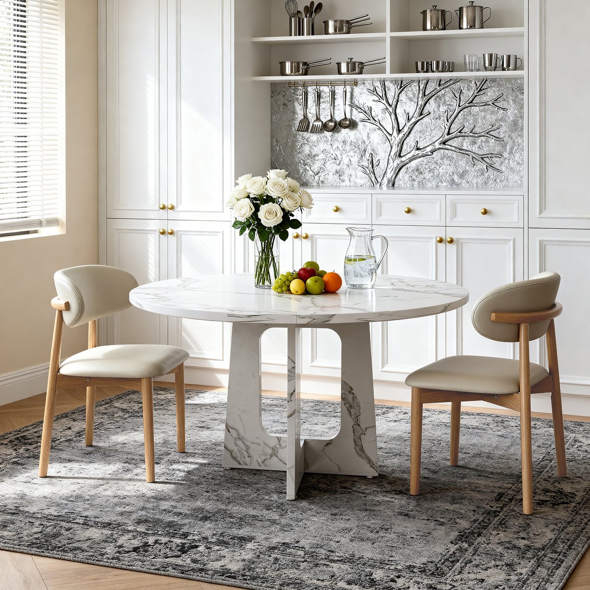 REDOM - Ronde eettafelset - 1 eettafel en 2 eetstoelen - MDF tafelblad met marmerlook - massief eikenhouten stoelpoten - modern - eetkamer en woonruimte - Wit - 120 x 120 x 76 cm