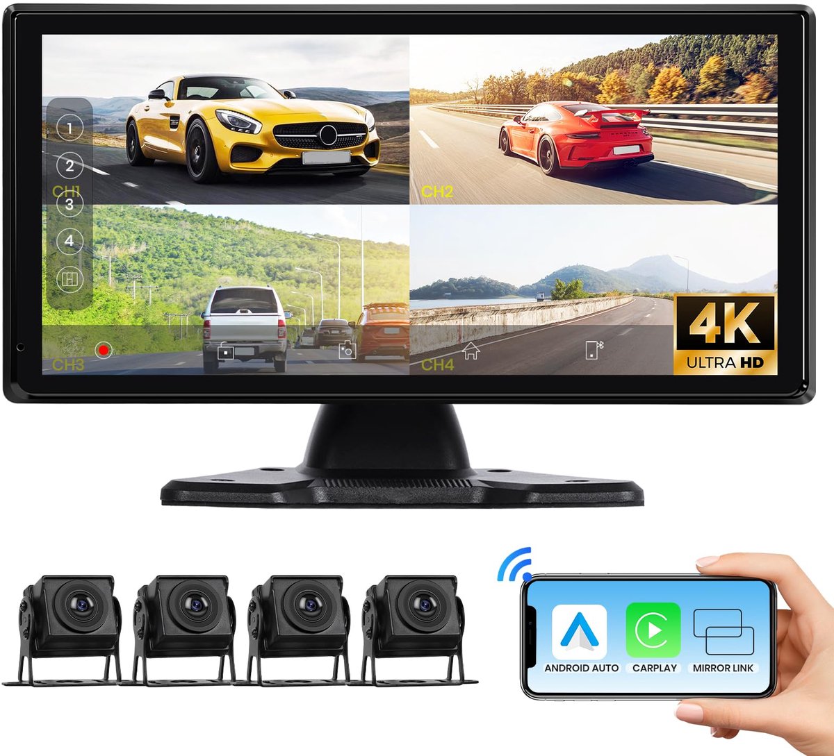SnelShoppen - 4K Achteruitrijcamera Set Met 4 AHD Camera's, Wireless Carplay, Android Auto, 10,36 Inch Touchscreen Monitor, Bluetooth, Airplay, FM Loo