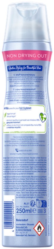 Achterkant van een Nivea Styling Spray Volume & Hold 4, 250ml flesje met ingrediëntenlijst.