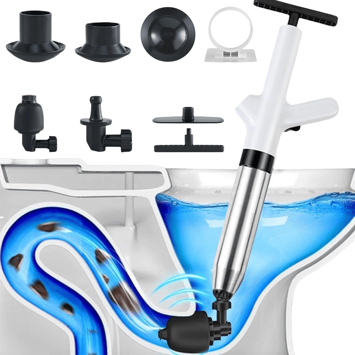 SnelShoppen - Abflussreiniger Pomp - Hogedruk Buisreiniger - Perslucht Toilet Ontstopper Set met 4 Verwisselbare Koppen - Buisreinigingspomp voor Toil