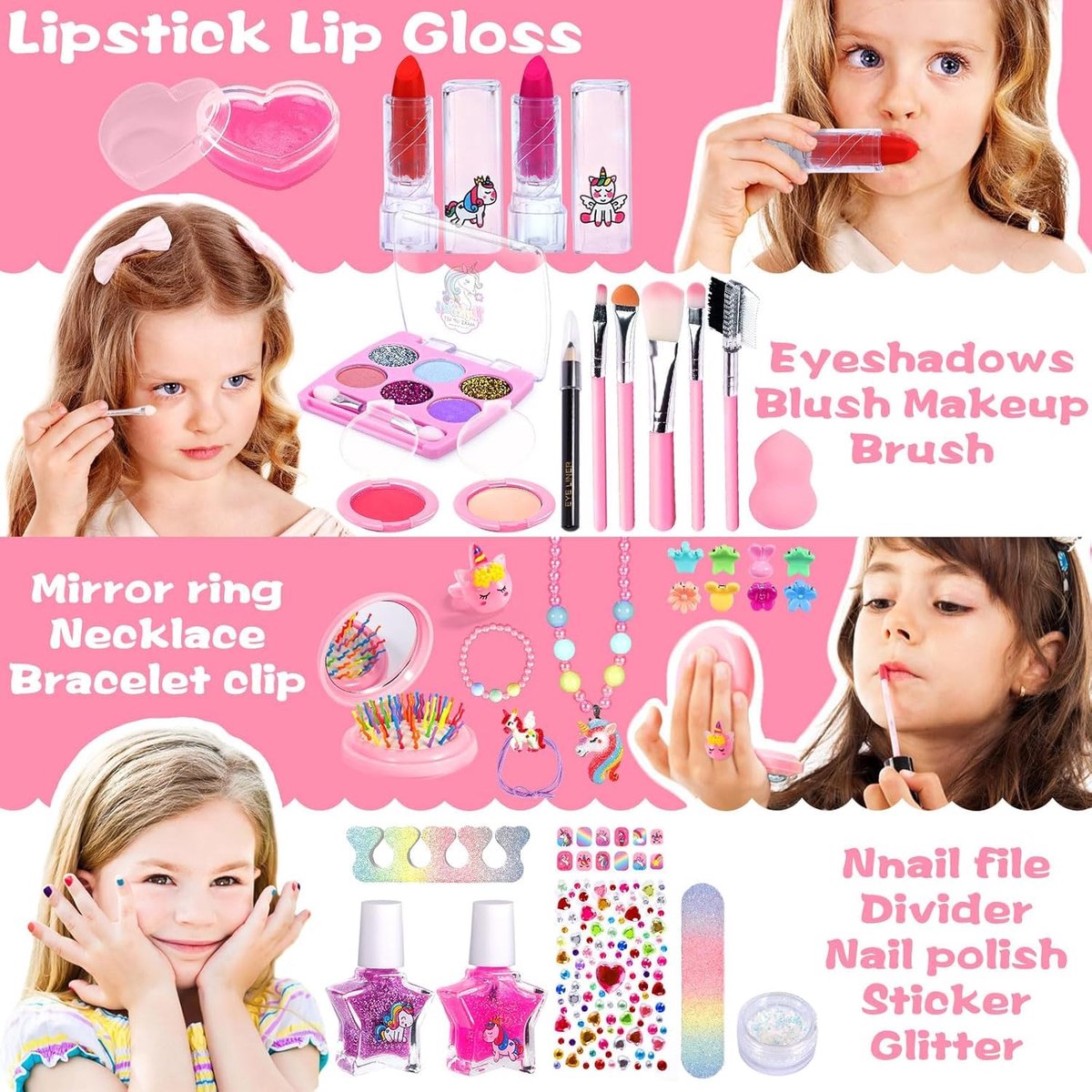 SnelShoppen - NCKIHRKK Kinderschminkset voor meisjes, 34 stuks wasbare make-up speelgoed, schminkset kinderen, make-upkoffer, perfect voor feestjes en