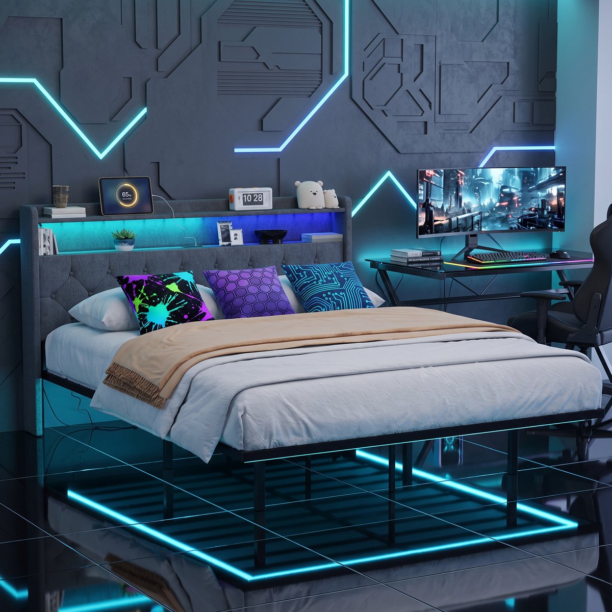 Bealife AF21 Bedframe - 160×200 cm – Gestoffeerd Tweepersoonsbed met LED-verlichting, USB & Type-C Poorten- Opberghoofdbord – Zwevend design - Donkergrijs