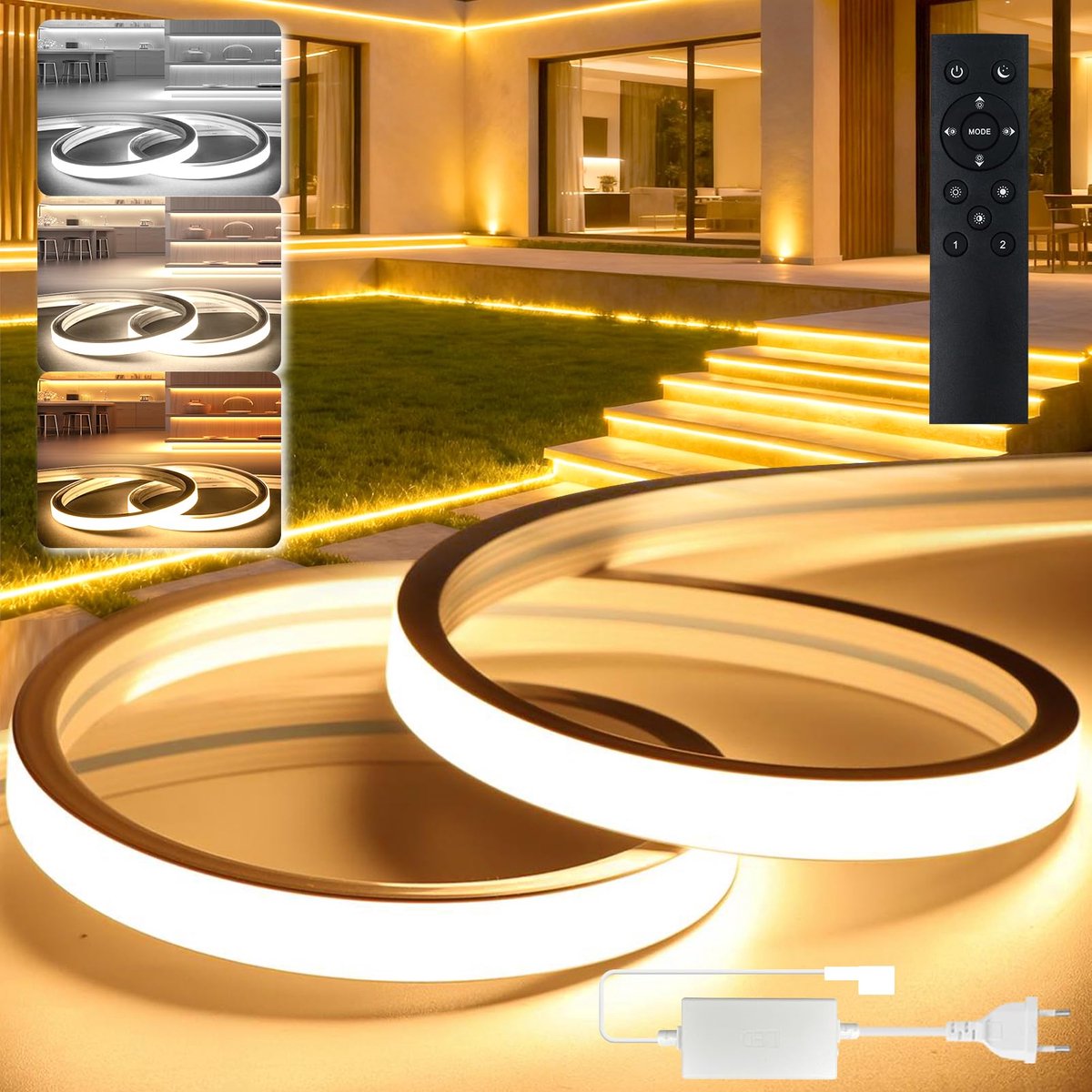 SnelShoppen - LED Strip 15M Dimbaar CCT Buiten Waterdicht IP65 Siliconen Warm Wit/Natuurlijk Wit/Wit 120LEDs/M Snijdbaar met Afstandsbediening voor Sl