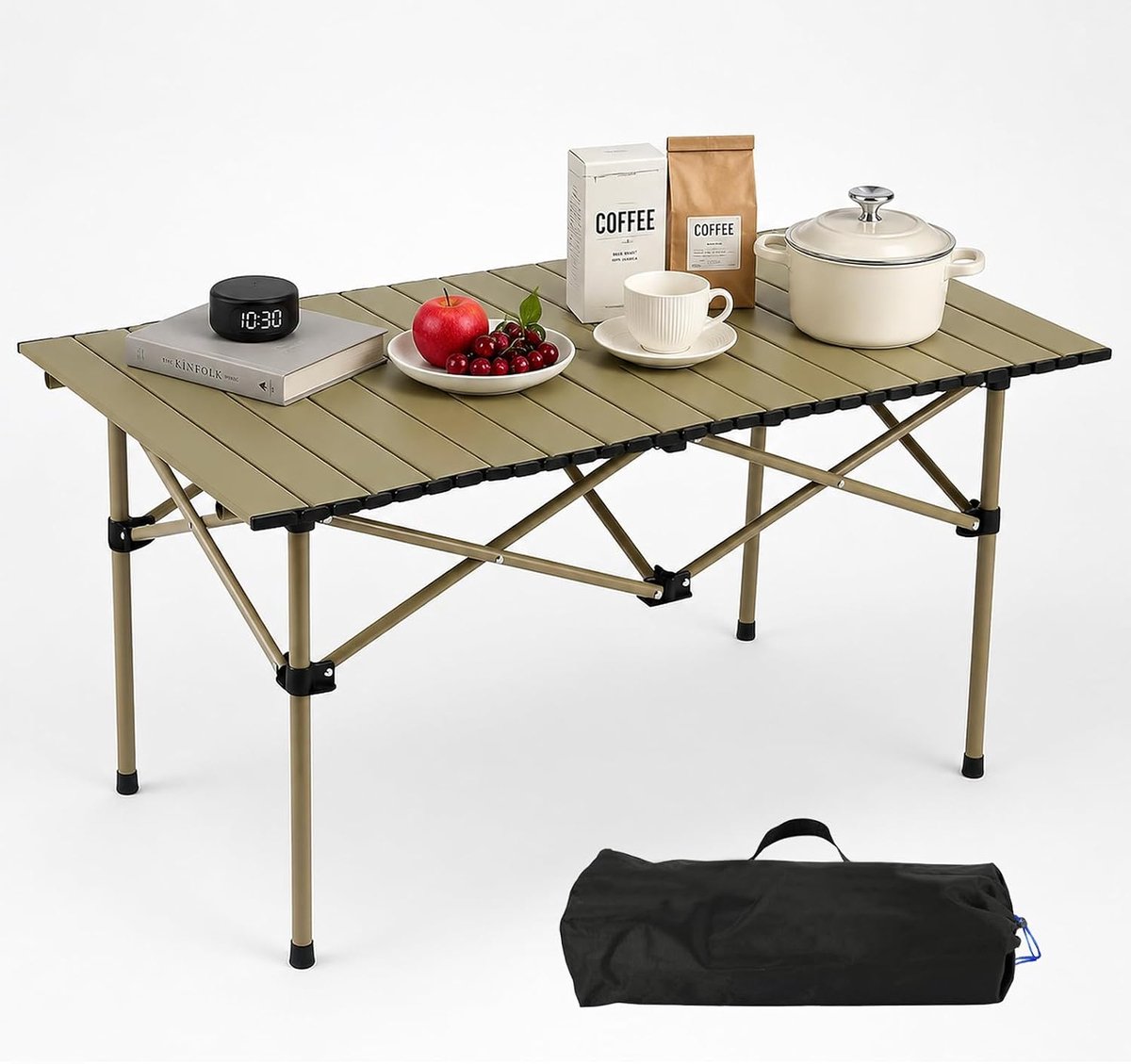 SnelShoppen - Campingtafel Opvouwbaar - Klaptafel met Oprolbaar Tafelblad - Draagbare Vouwtafel voor Picknick, Tuin, Koken en Reizen - Koolstofstaal -