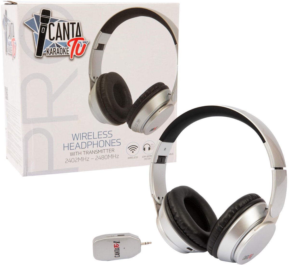 SnelShoppen - Draadloze Karaoke Hoofdtelefoon met Externe Zender, 10 Meter Bereik, Frequentie 2402-2480 MHz, Compatibel met Pro 2023, Zilver - Perfect