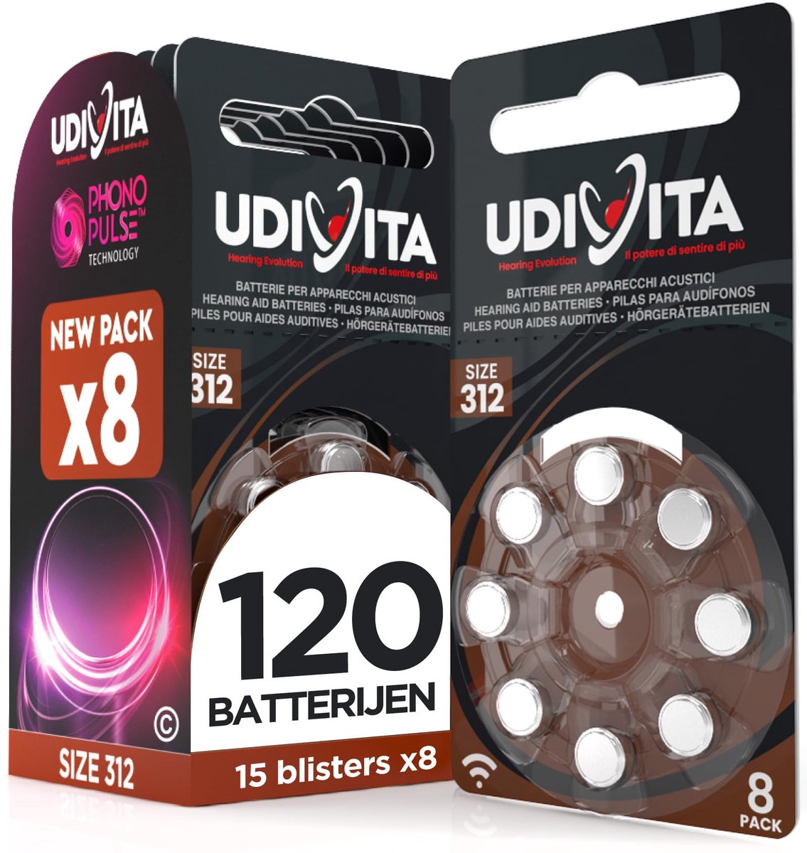 SnelShoppen - 120 Hoortoestelbatterijen Maat 312 PR41 Bruin - Phono Pulse Technologie - 15 Blisters met 8 Batterijen voor Langdurig Gebruik