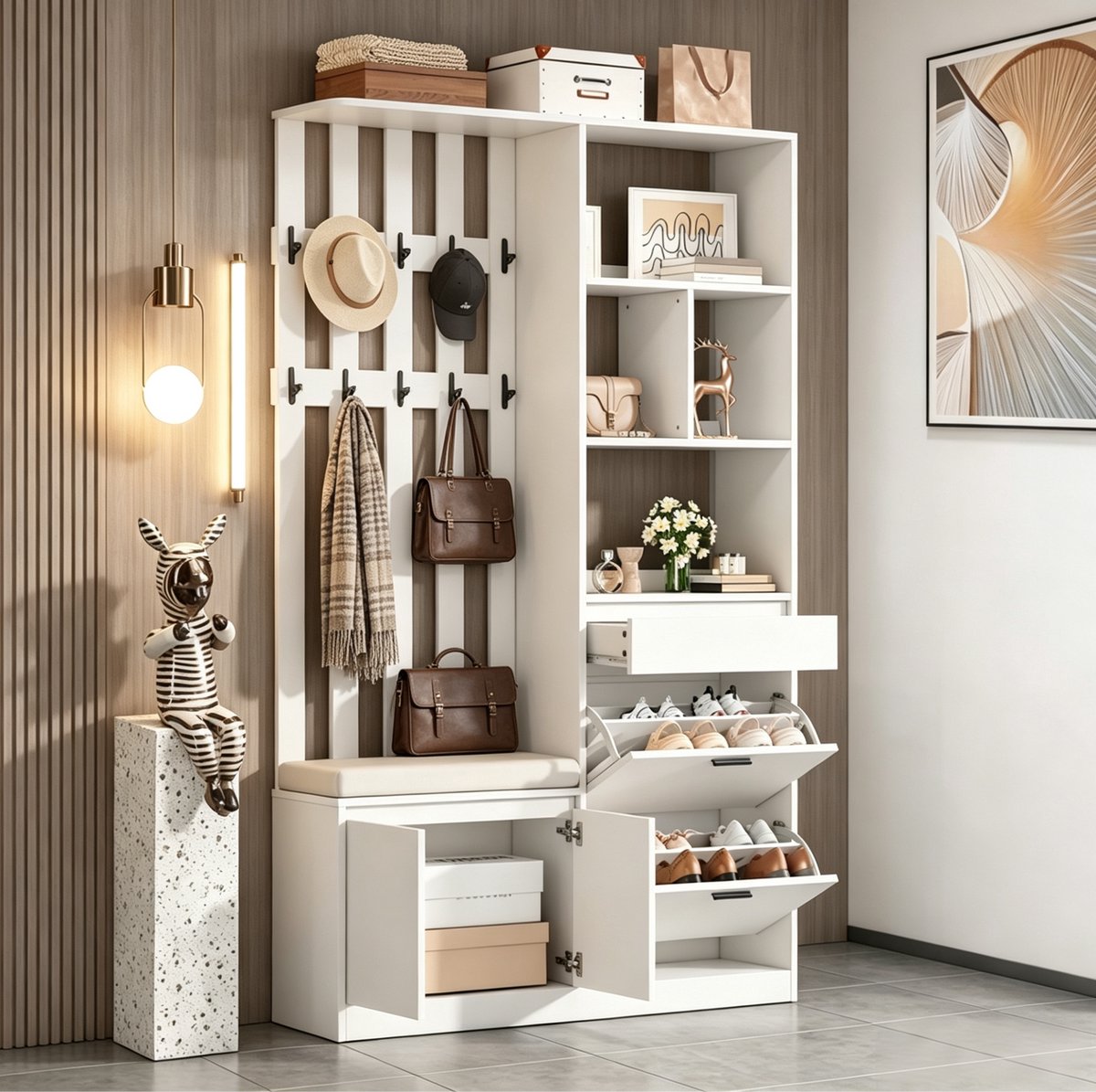 REDOM - Halmeubel met opbergruimte - MDF - Met gepolsterde zitbank - 2 schoenenkleppen - 10 haken - Voor de hal - Wit - 120 x 30 x 200 cm