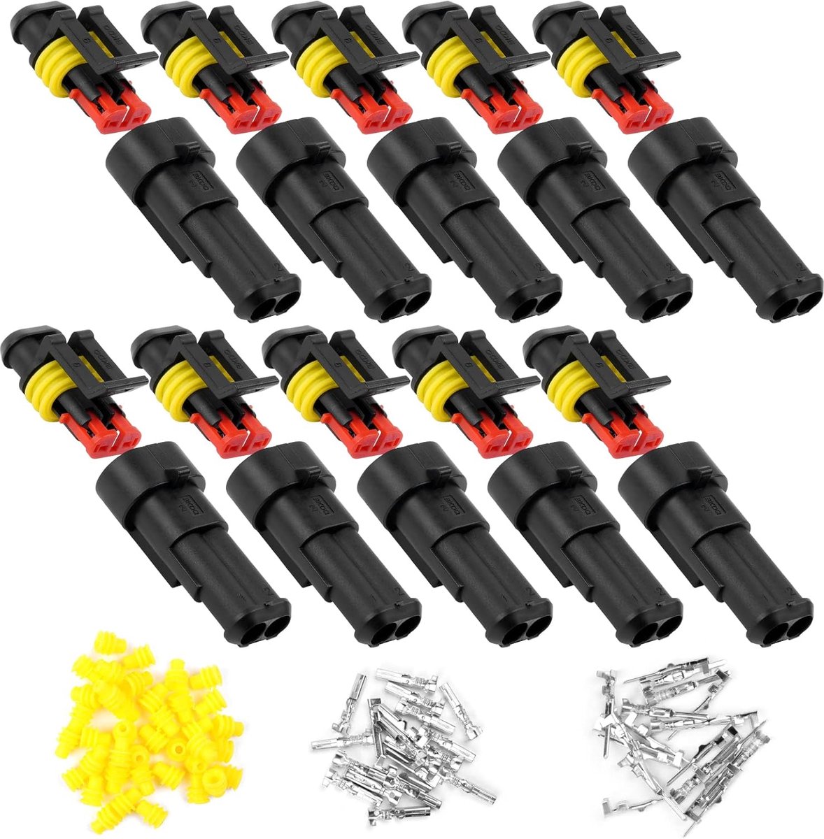 2 pins Auto Waterdichte Elektrische Connector, 10 sets Waterdichte Snelkoppeling met Siliconenrubber Kabelafdichting Kabelaansluitstekker voor Auto Vrachtwagen boot Scooter Motorfiets
