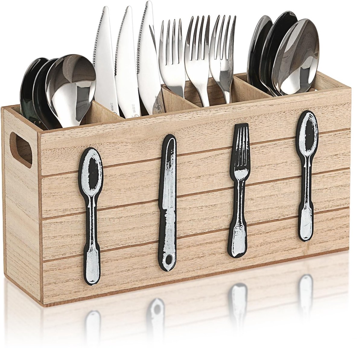 Dailygoods - Houten Bestekhouder met 4 Vakken - Rustieke Bestekstandaard voor Tafel