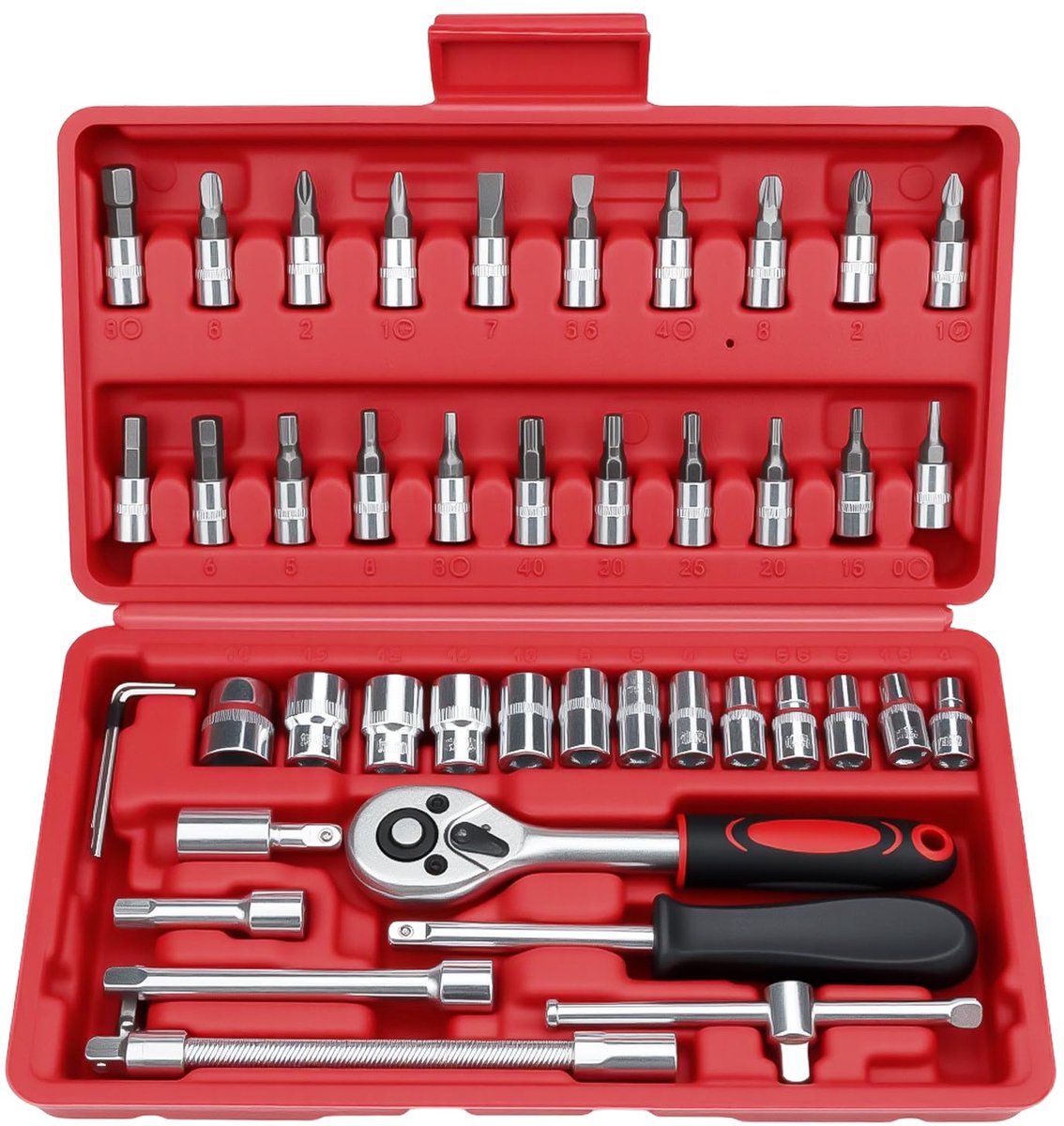 Dailygoods - 46-delige Dopsleutelset 1/4 inch met Ratelsleutel en Snelspanner - Rood