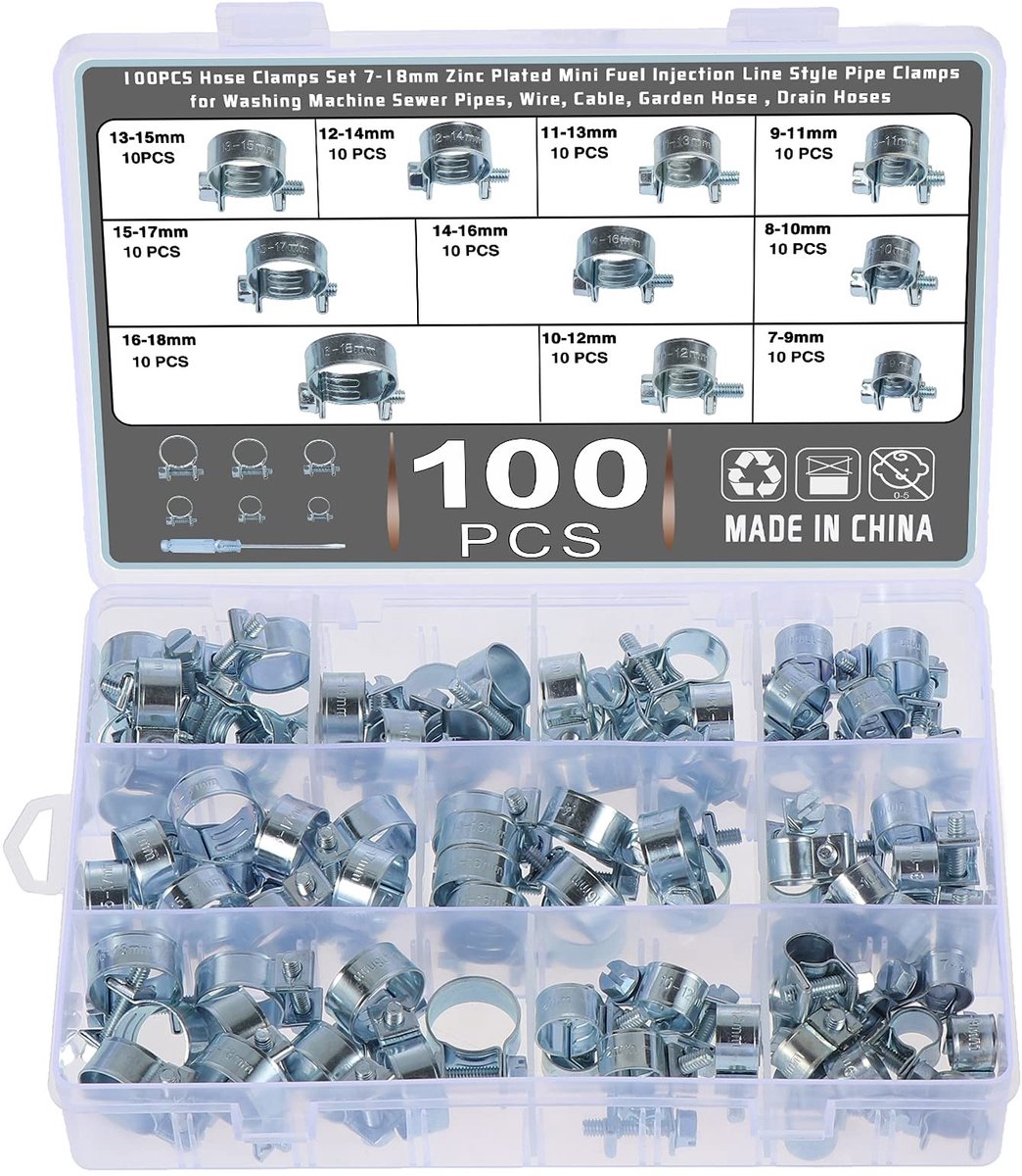Dailygoods - Brandstofslang en Slangklemmen Set - 100 Stuks, Diameter 7-18 mm, Roestvrij Staal