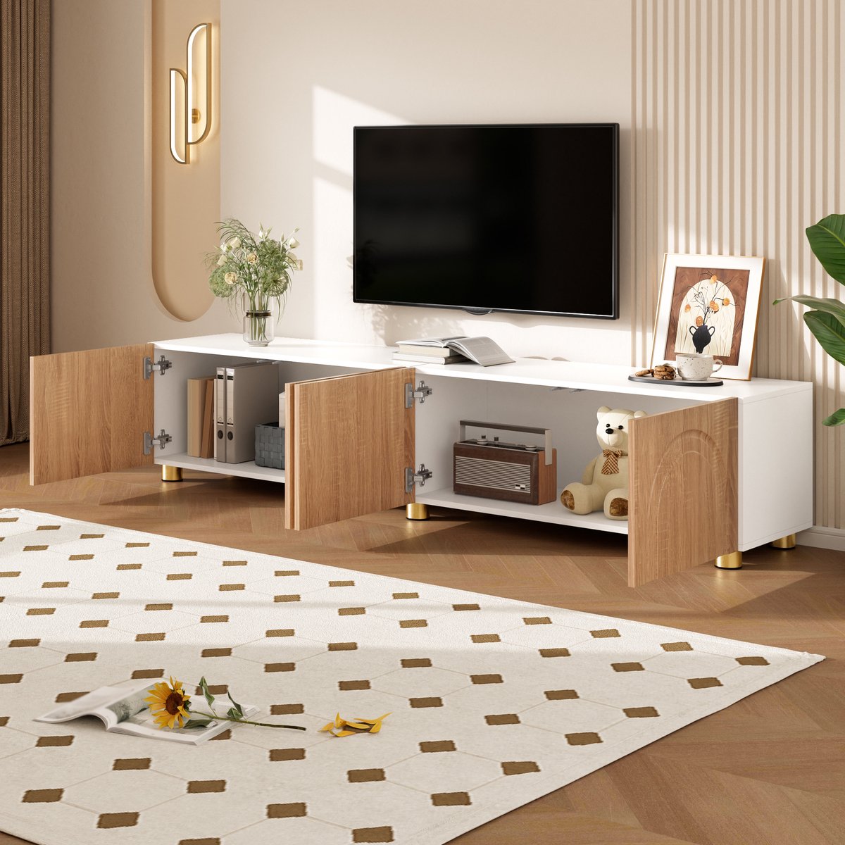 Moderne tv meubel - lage kast - gebogen reliëfdeuren - metalen poten - veel opbergruimte - wit en houtkleur