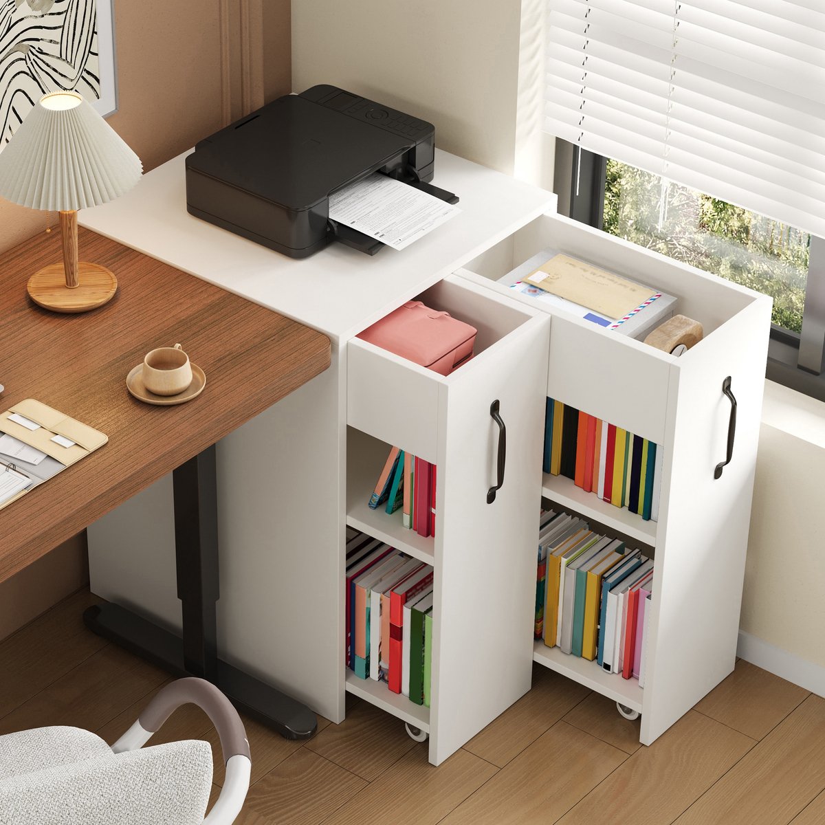 Kleine boekenkast op rol 52x50x75 cm met boekenplankvloer en laden - links/rechts omkeerbare configuratie - nachtkastje
