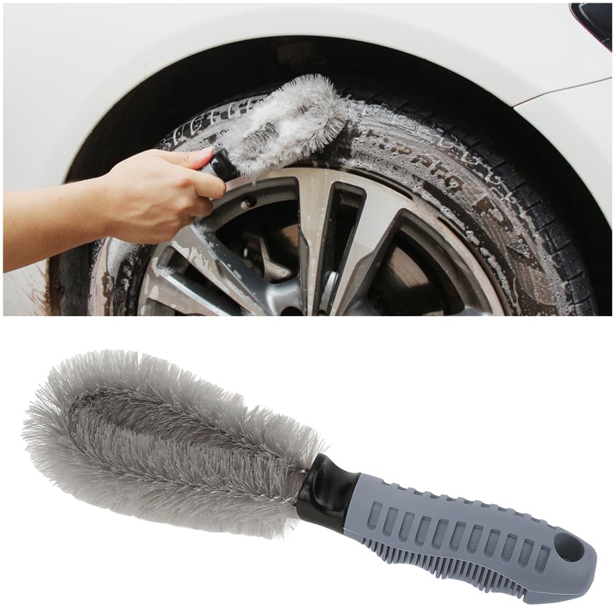 Dailygoods - Autobandenborstel - Velgenborstel - T-vorm - Grijs - Wielreiniger - Autoverzorging - Geschikt voor motorfiets - 1 stuk