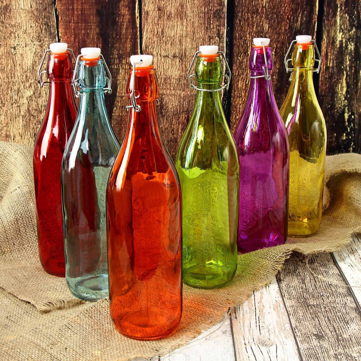 SnelShoppen - Kleurrijke glazen flessen met beugelsluiting set van 6 stuks, 1 liter, rood, blauw, oranje, groen, geel, paars - ideaal voor feest, keuk