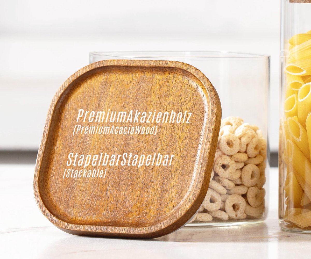 SnelShoppen - Set van 5 Voorraadpotten Borosilicaatglas met Acaciahouten Deksel - Luchtdicht, Stapelbaar en Ideaal voor Keukenorganisatie (2200/1100/6